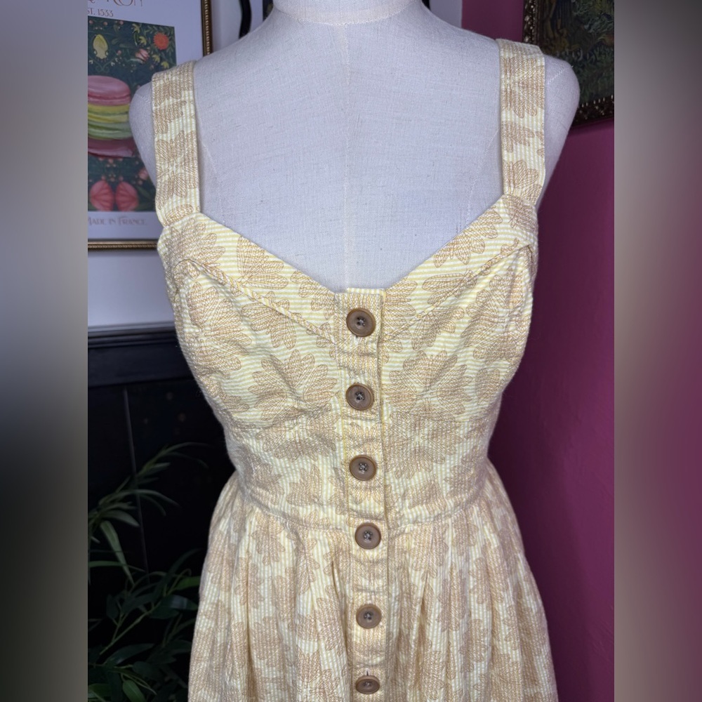 Maeve by Anthropologie Cotton Yellow Seersucker Button-Front Cafe Dress Sz 6 - Picture 3 of 13